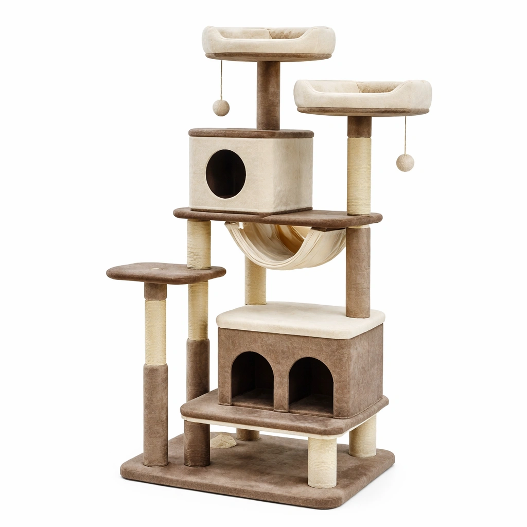 Árbol para gatos de varios niveles con felpa y sisal beige marrón-ROOMLIVOZ