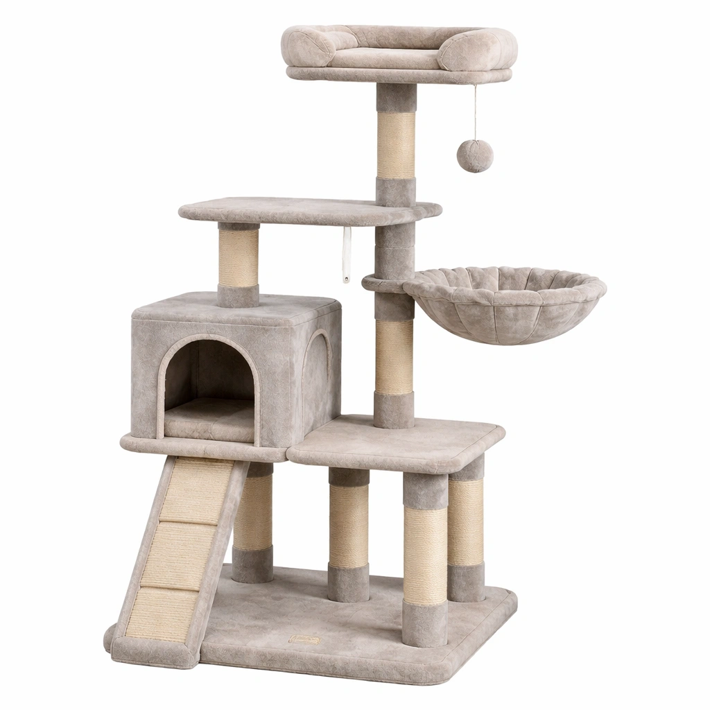 Árbol para gatos de peluche y madera beige-ROOMLIVOZ