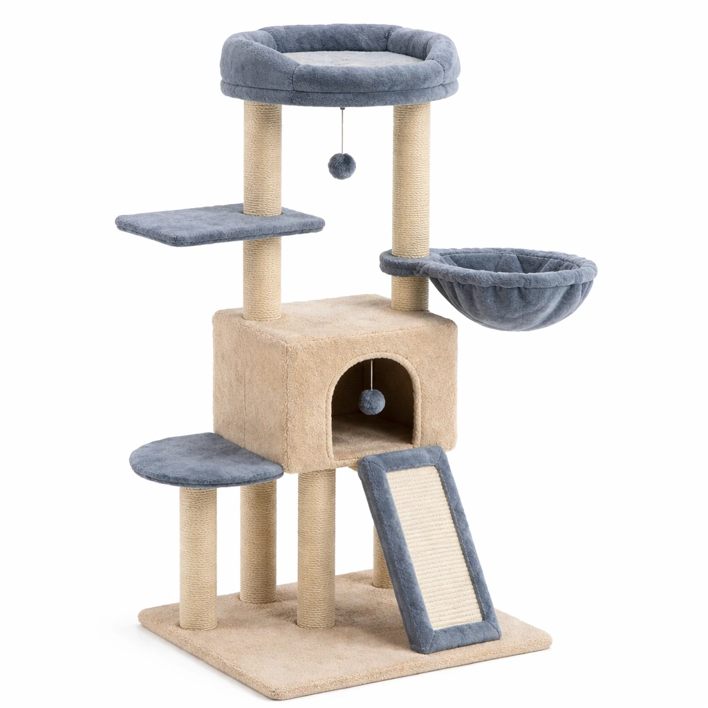 Árbol para gatos con poste rascador de sisal y felpa beige azul-ROOMLIVOZ
