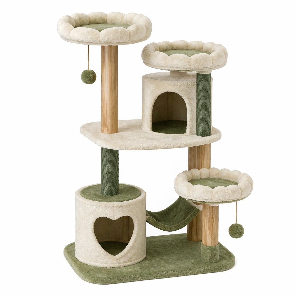 Árbol para gatos de madera con cuerda de sisal y felpa beige y verde-ROOMLIVOZ