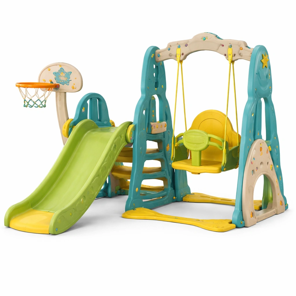 Parque infantil con tobogán columpio y canasta de plástico HDPE verde amarillo-ROOMLIVOZ