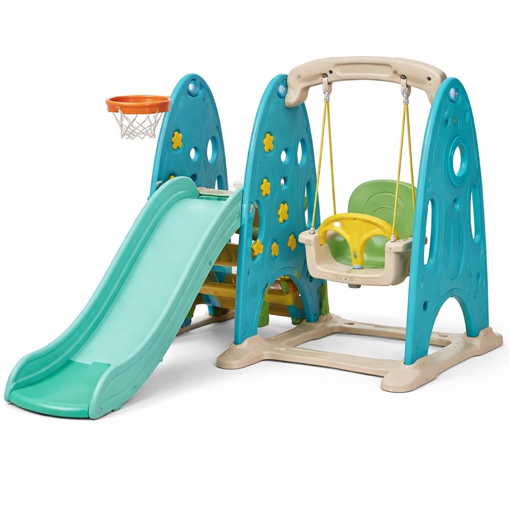 Parque infantil con tobogán columpio y aro de baloncesto de plástico-ROOMLIVOZ
