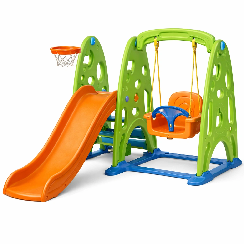 Parque infantil con tobogán y columpio de plástico PE multicolor-ROOMLIVOZ