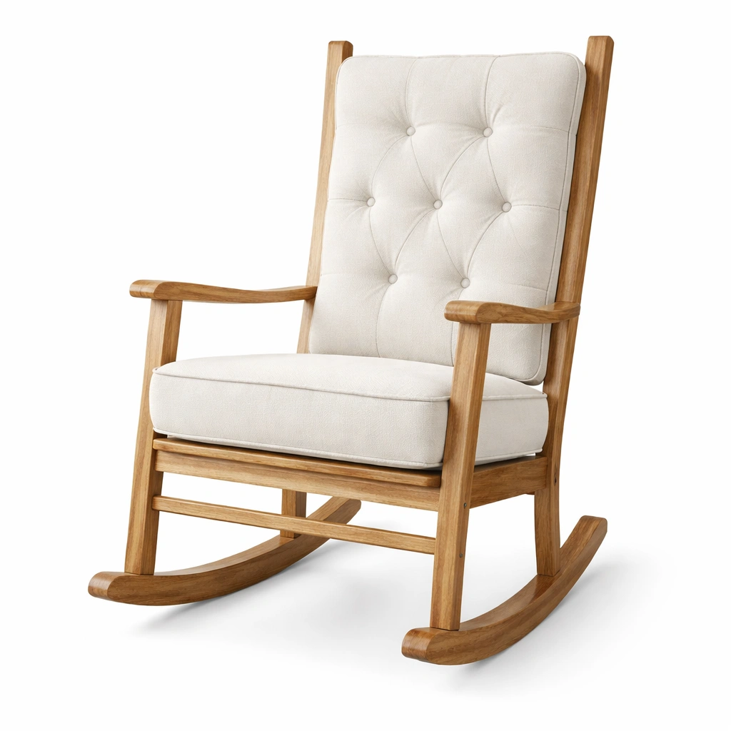 Silla mecedora de madera con cojines de lona beige-ROOMLIVOZ