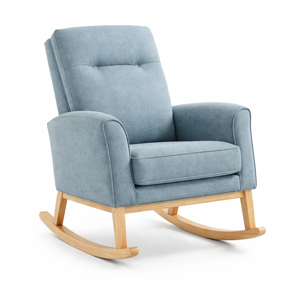 Silla mecedora de tela de poliéster azul con madera de haya-ROOMLIVOZ