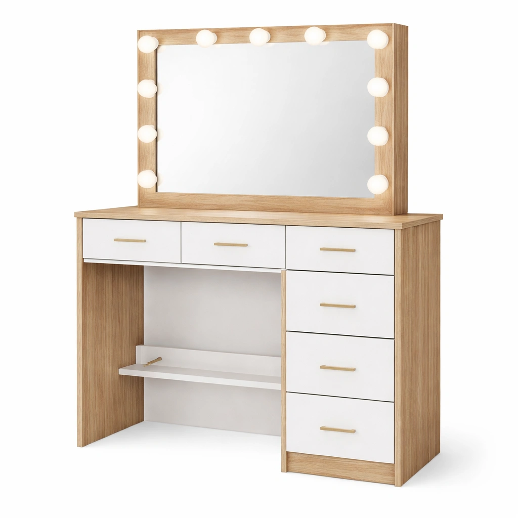 Tocador de madera con espejo iluminado y cajones roble blanco-ROOMLIVOZ