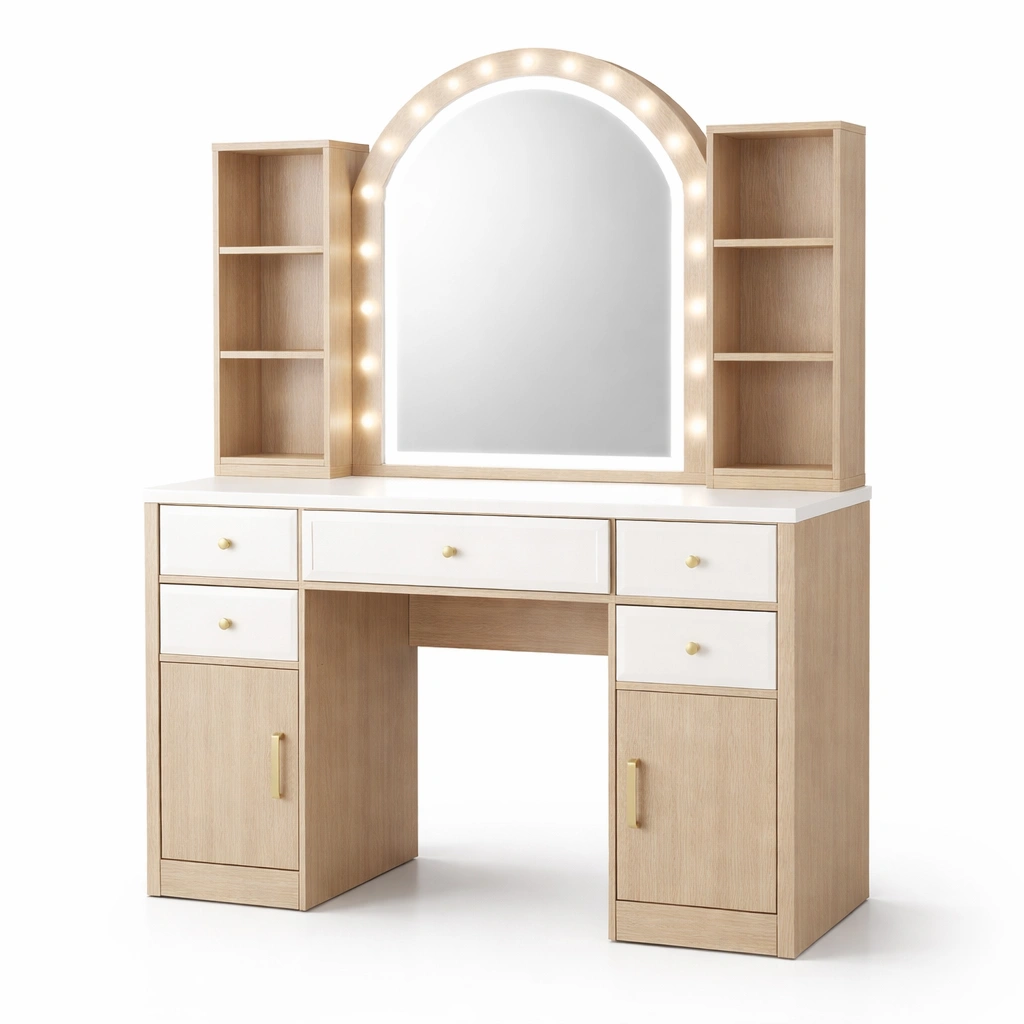Tocador de madera con espejo LED y cajones blanco-ROOMLIVOZ