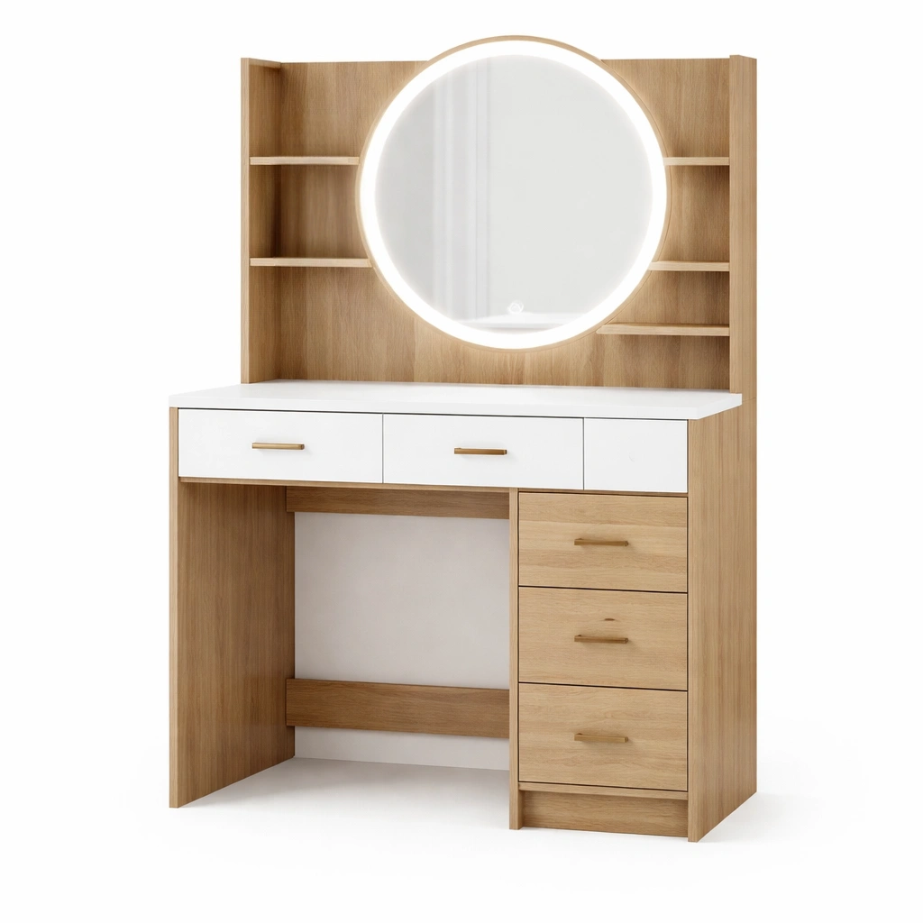 Tocador de madera MDF con espejo redondo iluminado-ROOMLIVOZ