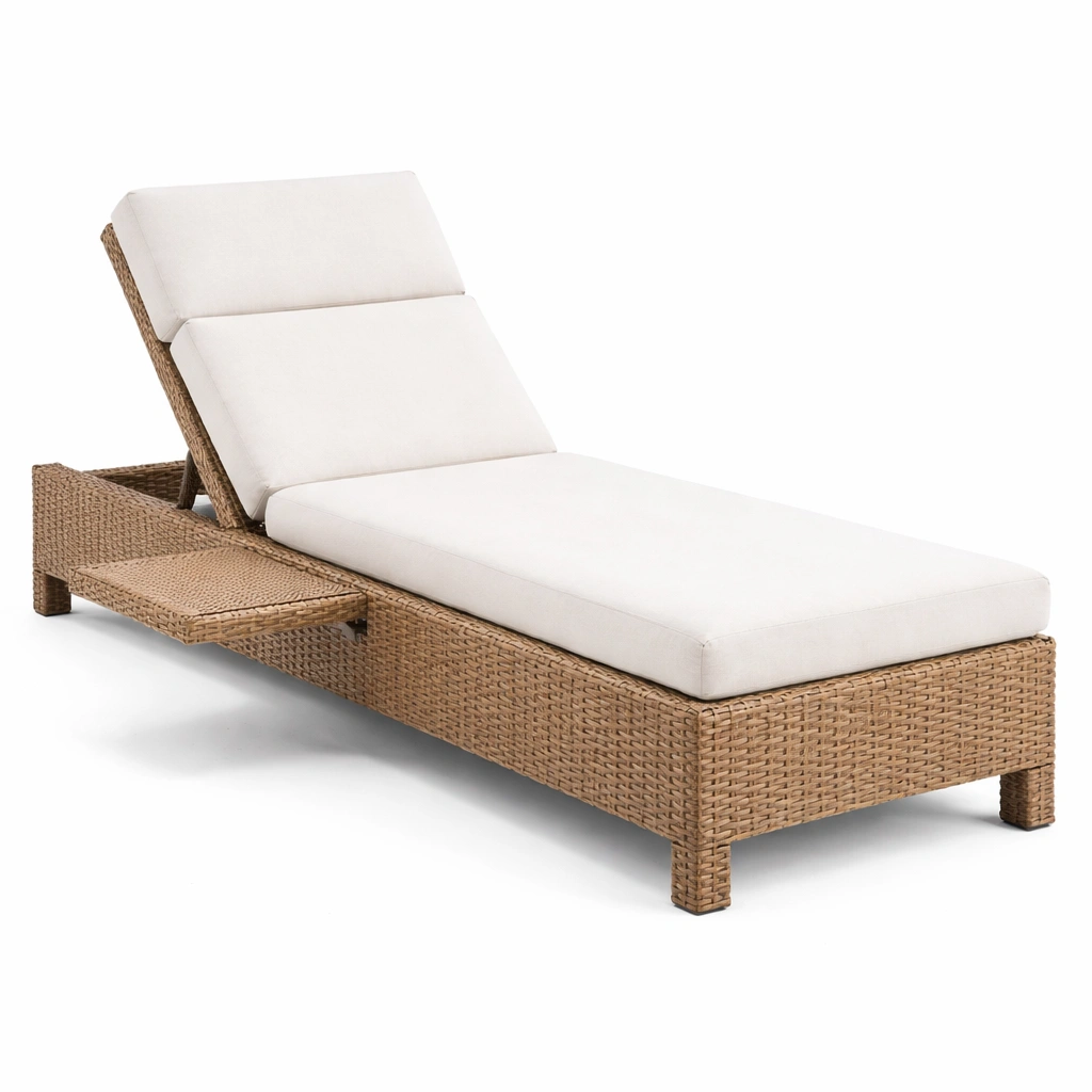 Tumbona de ratán sintético beige con almohadones ajustables-ROOMLIVOZ