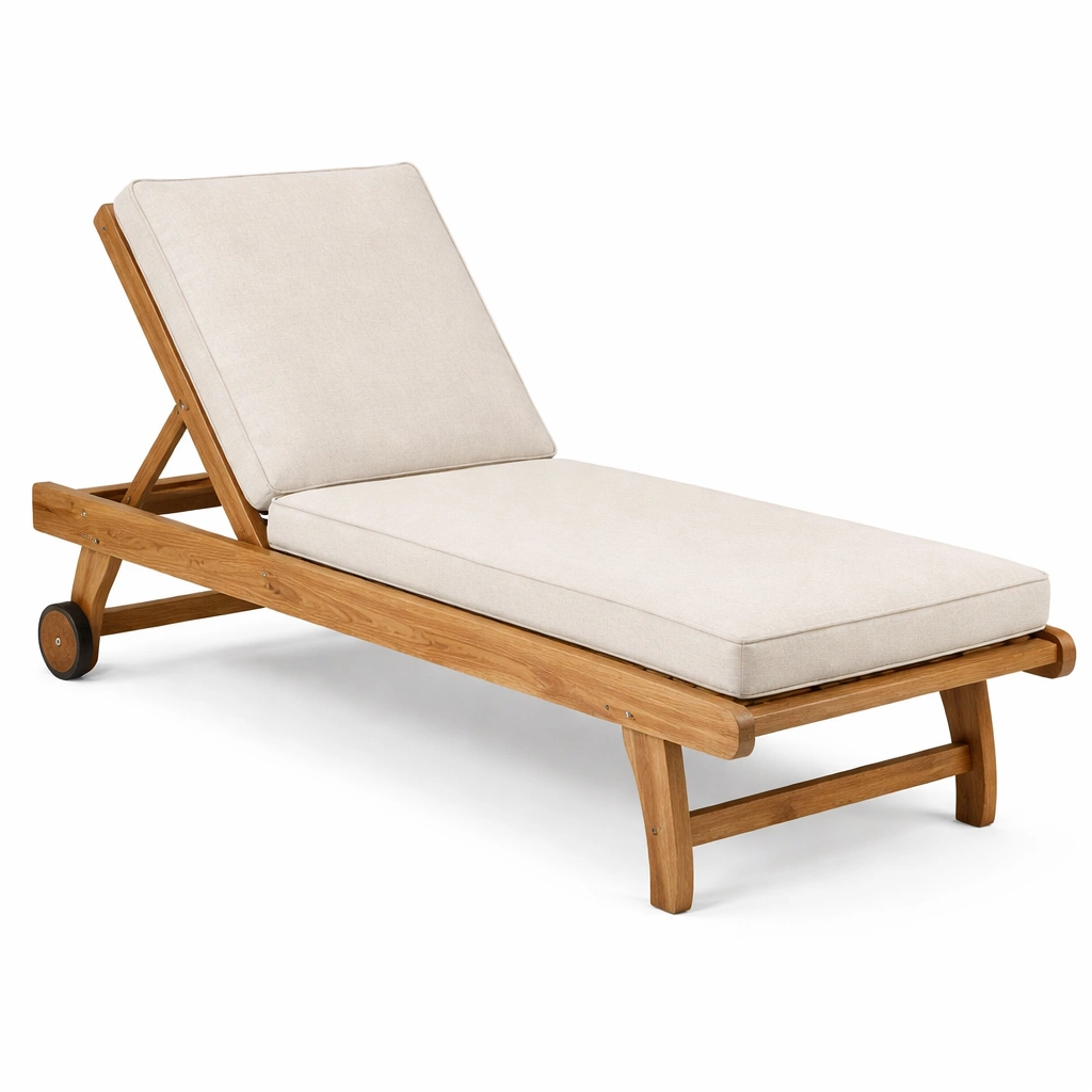 Tumbona de teca con cojín de poliéster beige-ROOMLIVOZ