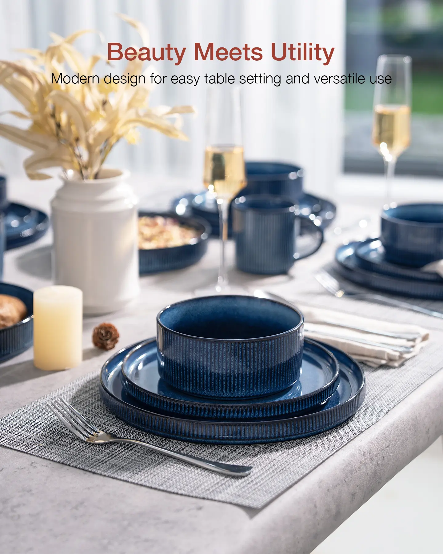 12 Piece Stoneware Dinnerware Sets, Plates and Bowls Set For 4, Double Reactive Glaze Dishwasher Safe and Microwave Safe