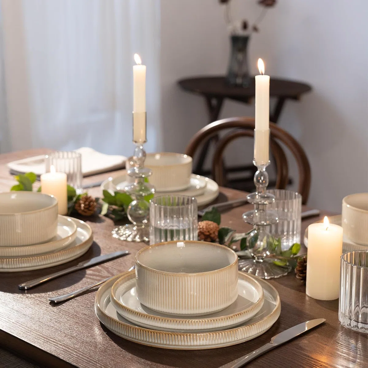 12 Piece Stoneware Dinnerware Sets, Plates and Bowls Set For 4, Double Reactive Glaze Dishwasher Safe and Microwave Safe