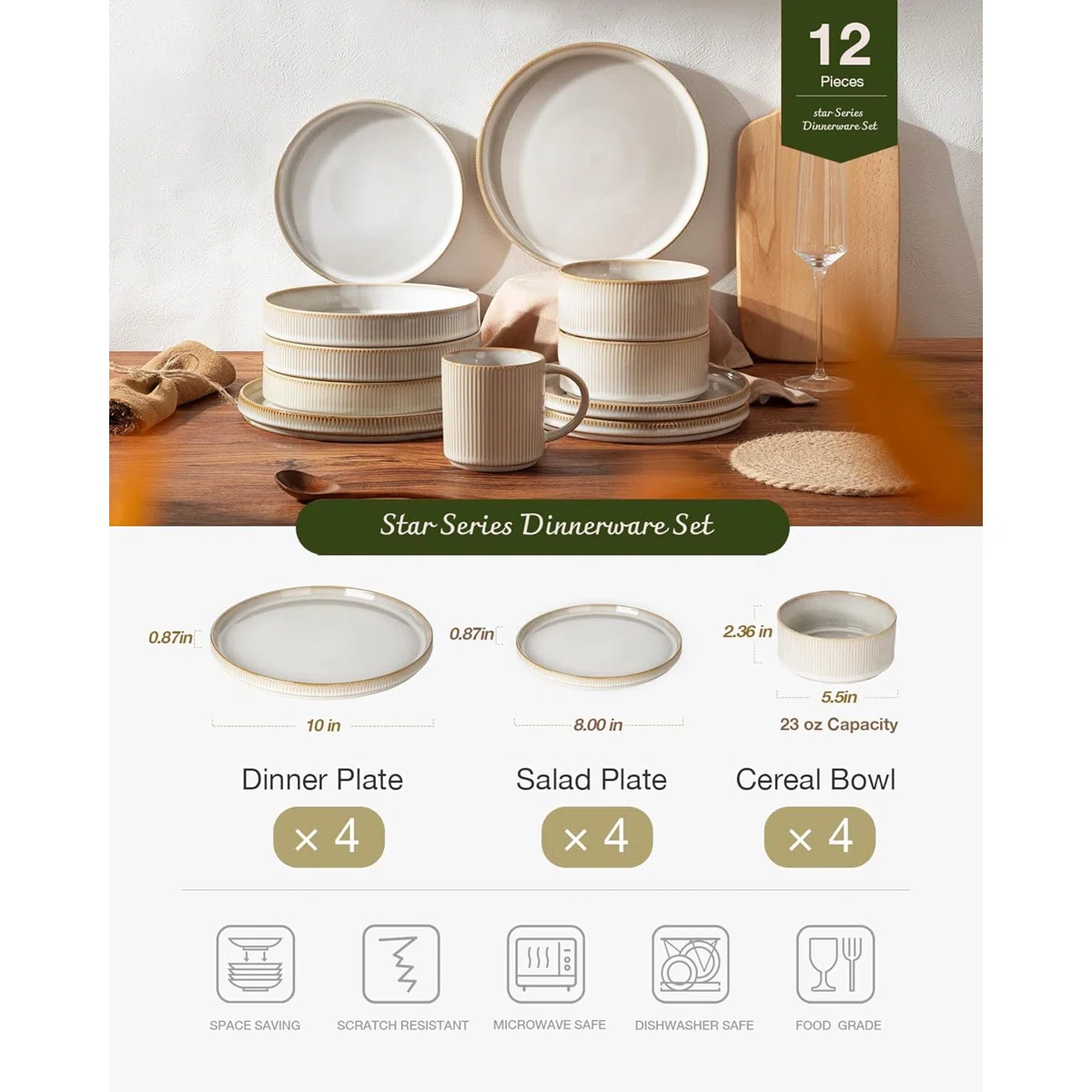 12 Piece Stoneware Dinnerware Sets, Plates and Bowls Set For 4, Double Reactive Glaze Dishwasher Safe and Microwave Safe