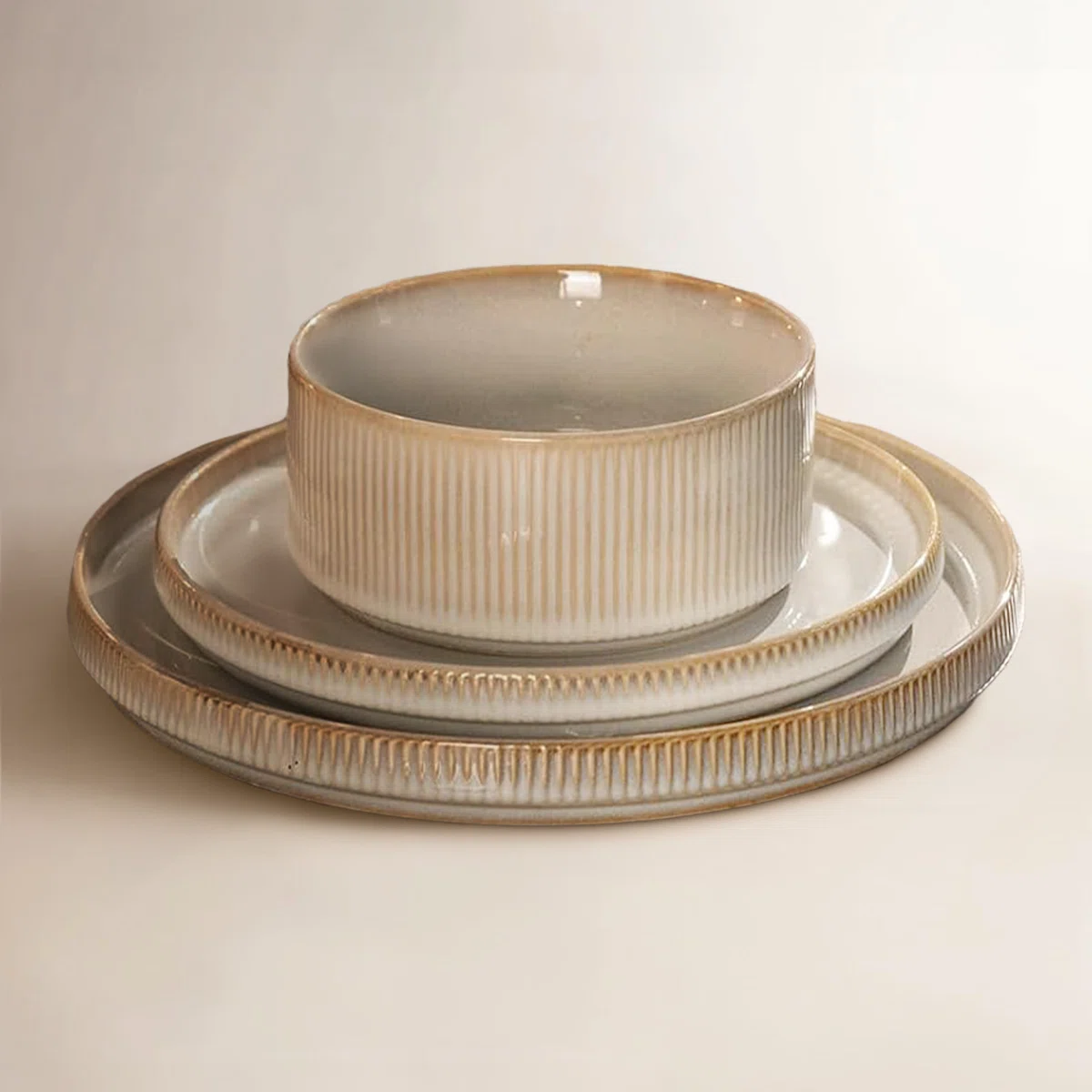 12 Piece Stoneware Dinnerware Sets, Plates and Bowls Set For 4, Double Reactive Glaze Dishwasher Safe and Microwave Safe