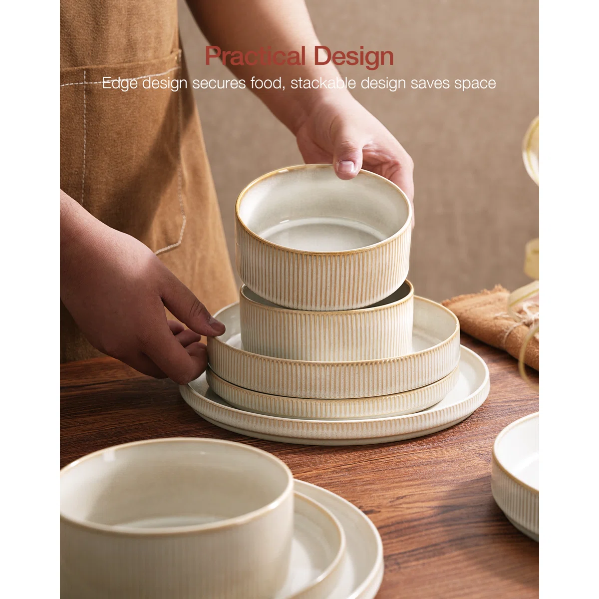 12 Piece Stoneware Dinnerware Sets, Plates and Bowls Set For 4, Double Reactive Glaze Dishwasher Safe and Microwave Safe