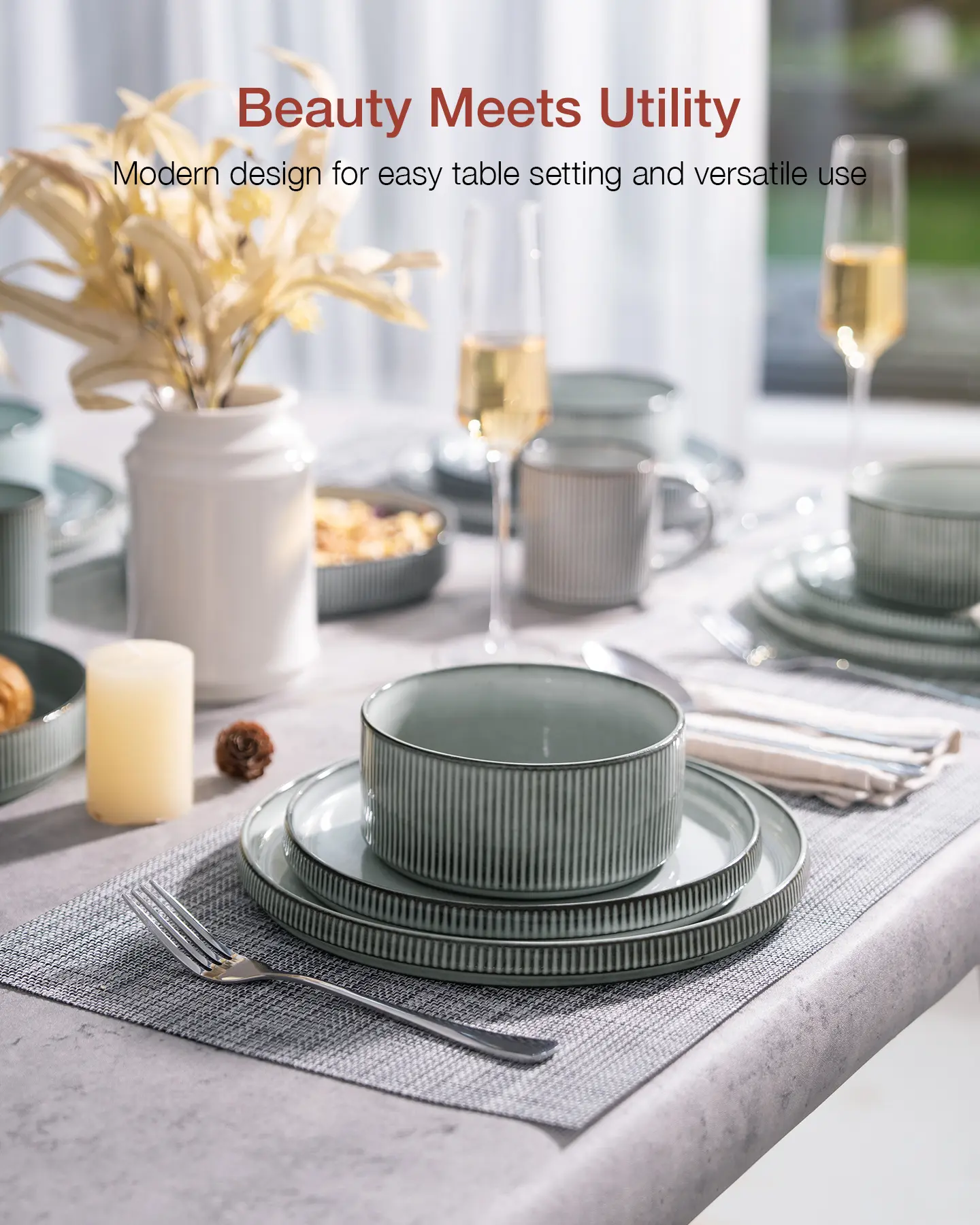 12 Piece Stoneware Dinnerware Sets, Plates and Bowls Set For 4, Double Reactive Glaze Dishwasher Safe and Microwave Safe