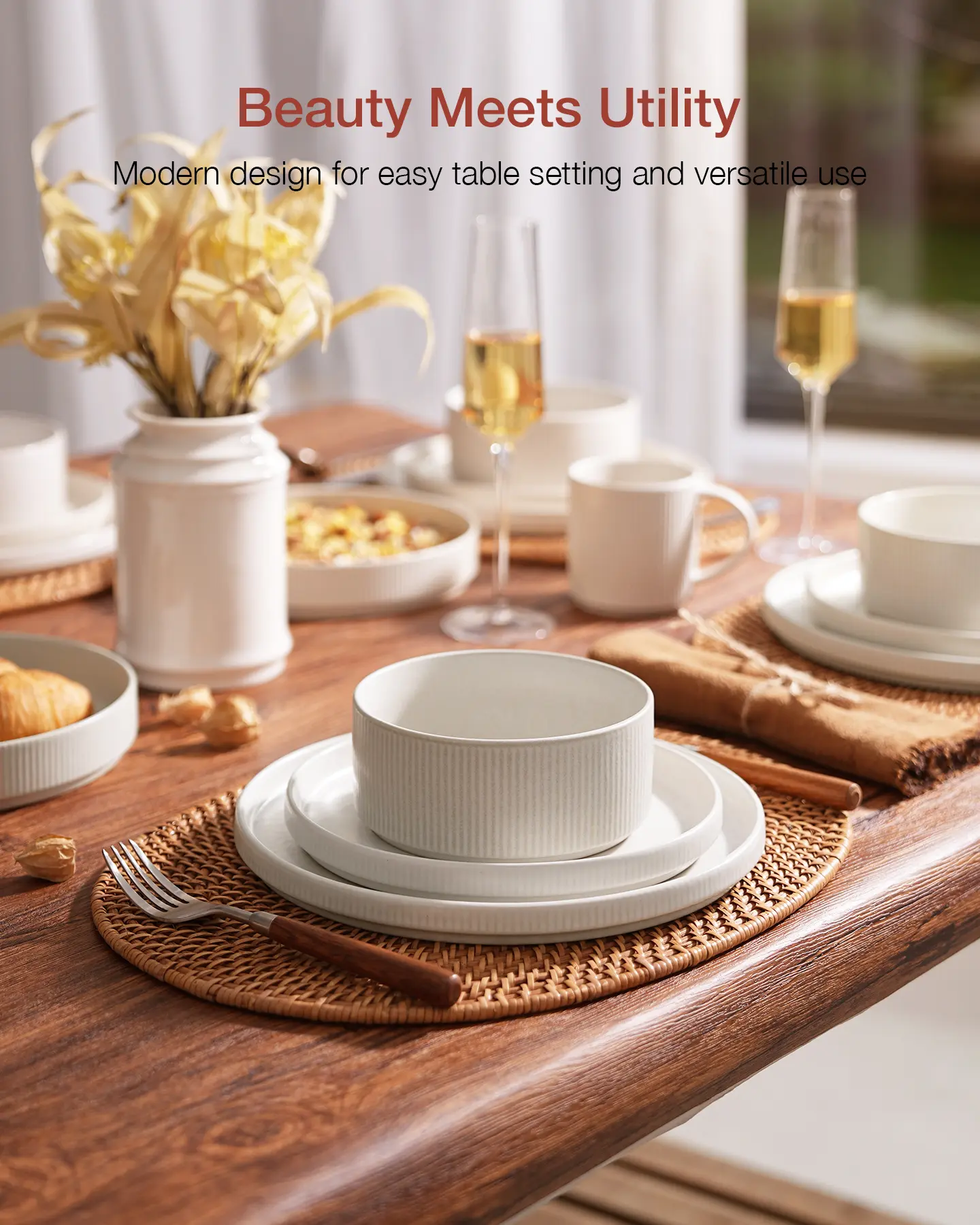 12 Piece Stoneware Dinnerware Sets, Plates and Bowls Set For 4, Double Reactive Glaze Dishwasher Safe and Microwave Safe