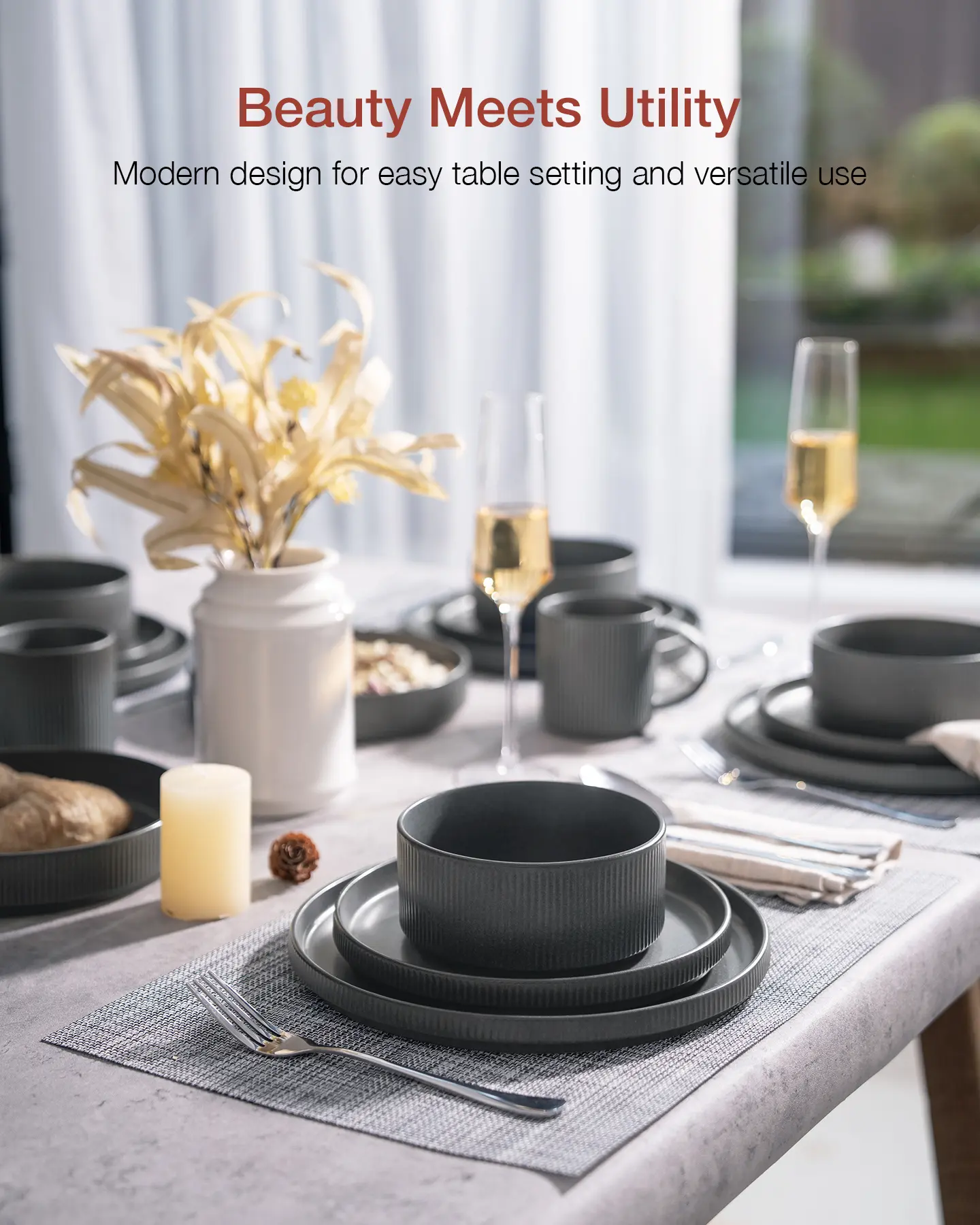 12 Piece Stoneware Dinnerware Sets, Plates and Bowls Set For 4, Double Reactive Glaze Dishwasher Safe and Microwave Safe