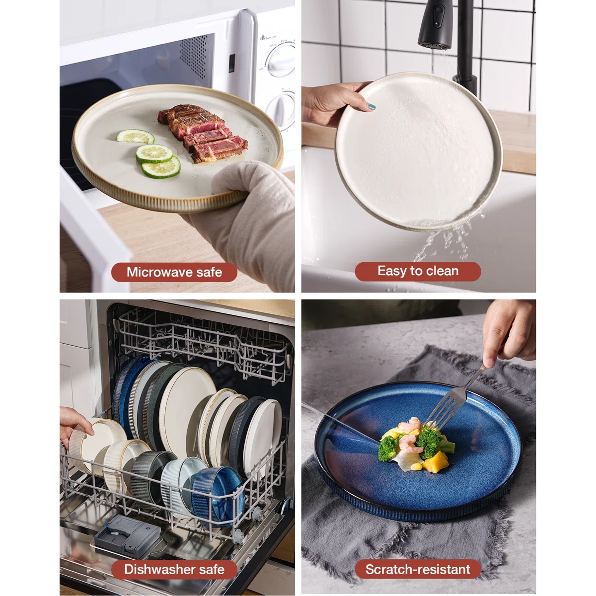 12 Piece Stoneware Dinnerware Sets, Plates and Bowls Set For 4, Double Reactive Glaze Dishwasher Safe and Microwave Safe