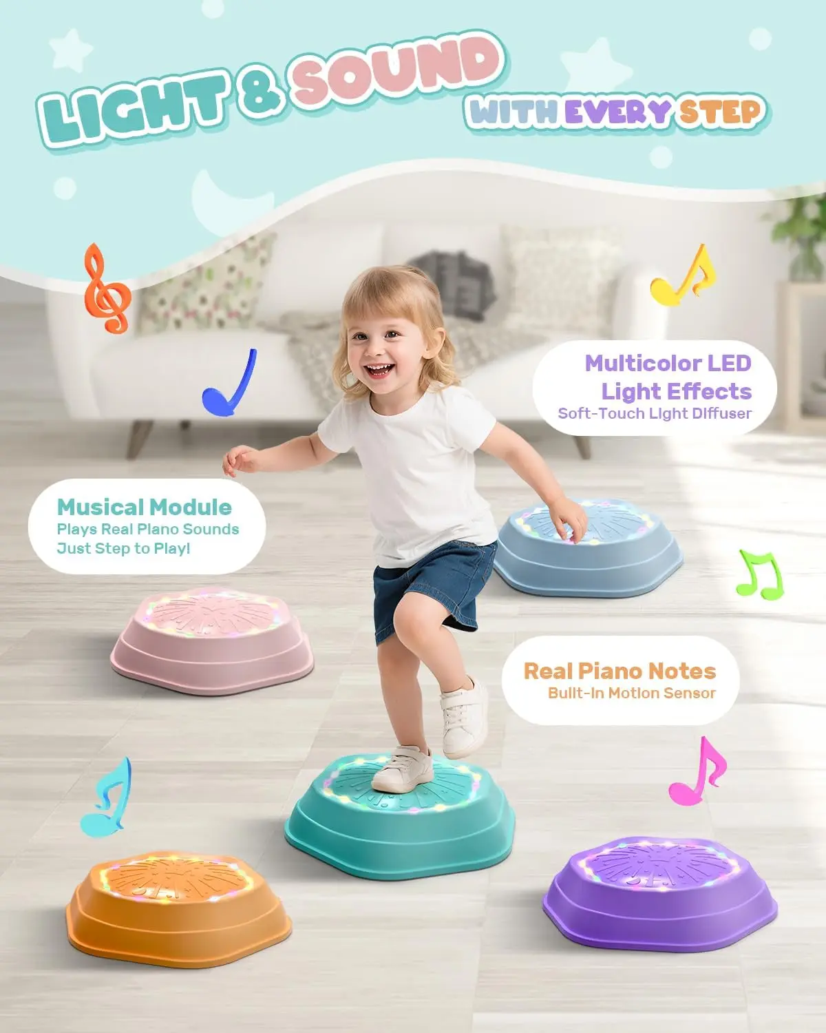Light-Up Music Stepping Stones for Kids - 5-Piece Non-Slip Balance & Coordination Set 🌈🎶