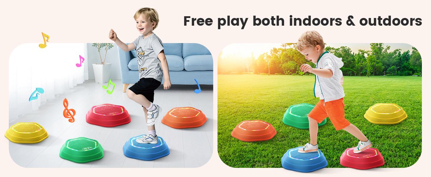 Non-Slip Music & Light Up 5 Pcs Stepping Stones, Sensory Stepping Stones, Encourage Balance, Indoor & Outdoor Play Gift Colorful Fun Soft Design, backyard fun summerwins