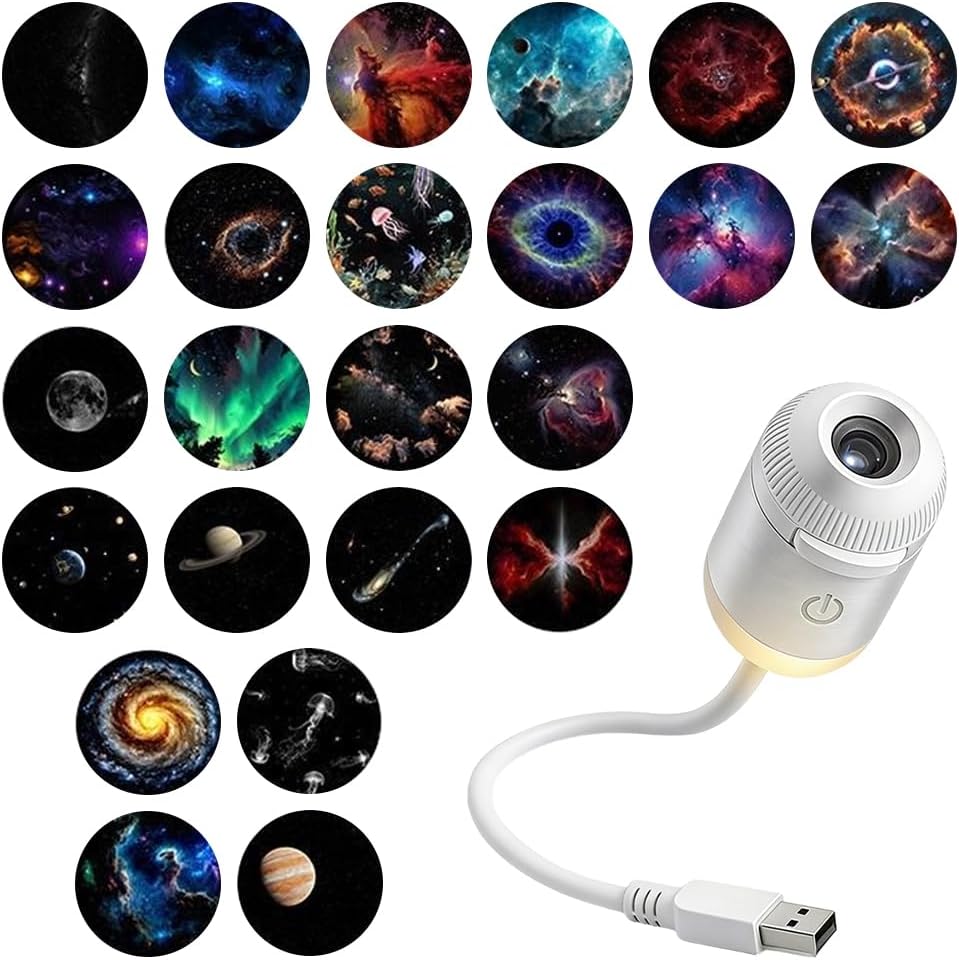 2-in-1 Galaxy Projector Night Light, USB Star Projector with Adjustable Brightness, Mini Galaxy Light Projector for Bedroom Ceiling Wall Room Decor (24 Projection Films)
