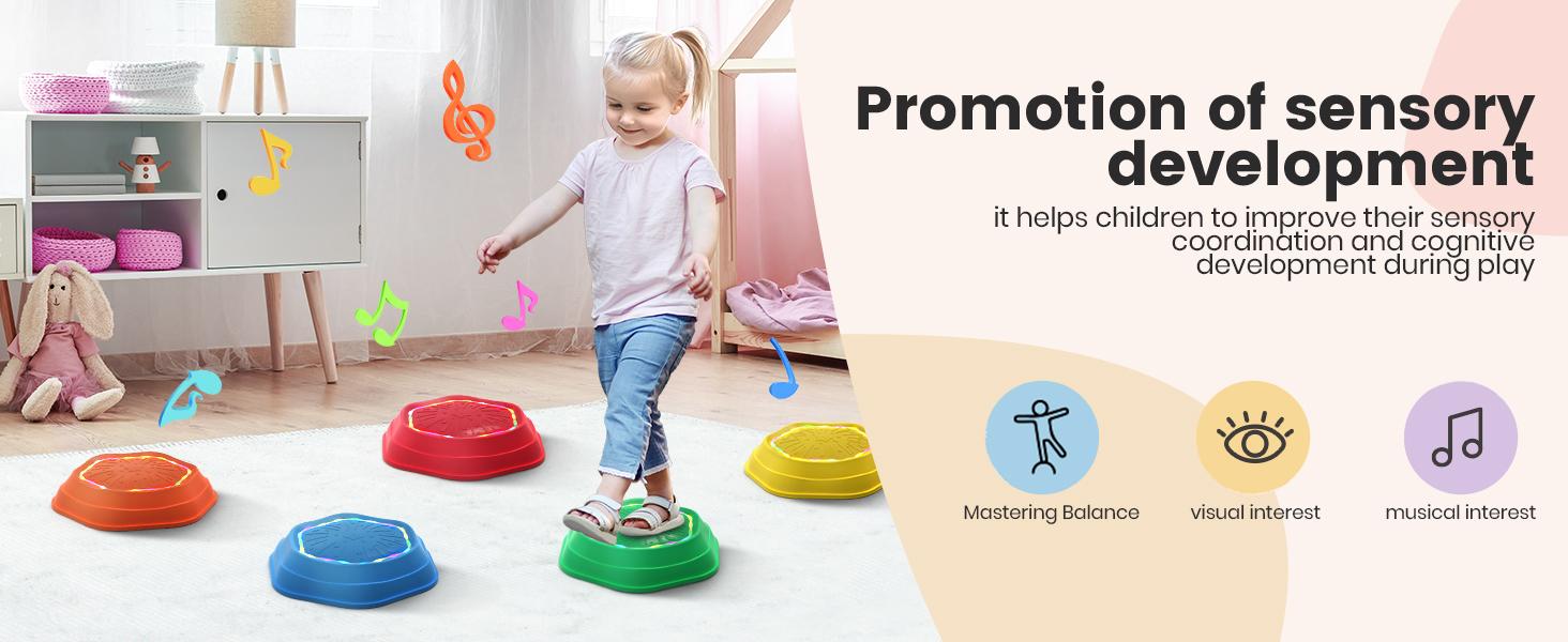 Non-Slip Music & Light Up 5 Pcs Stepping Stones, Sensory Stepping Stones, Encourage Balance, Indoor & Outdoor Play Gift Colorful Fun Soft Design, backyard fun summerwins