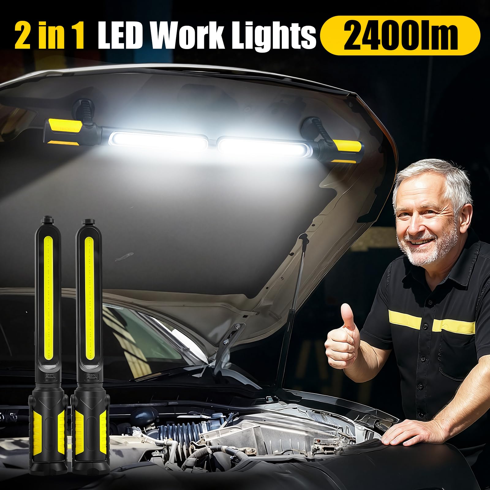 2400LM Rechargeable Magnetic LED Work Light - 2-in-1 Mechanic Repair Lamp 🛠️💡
