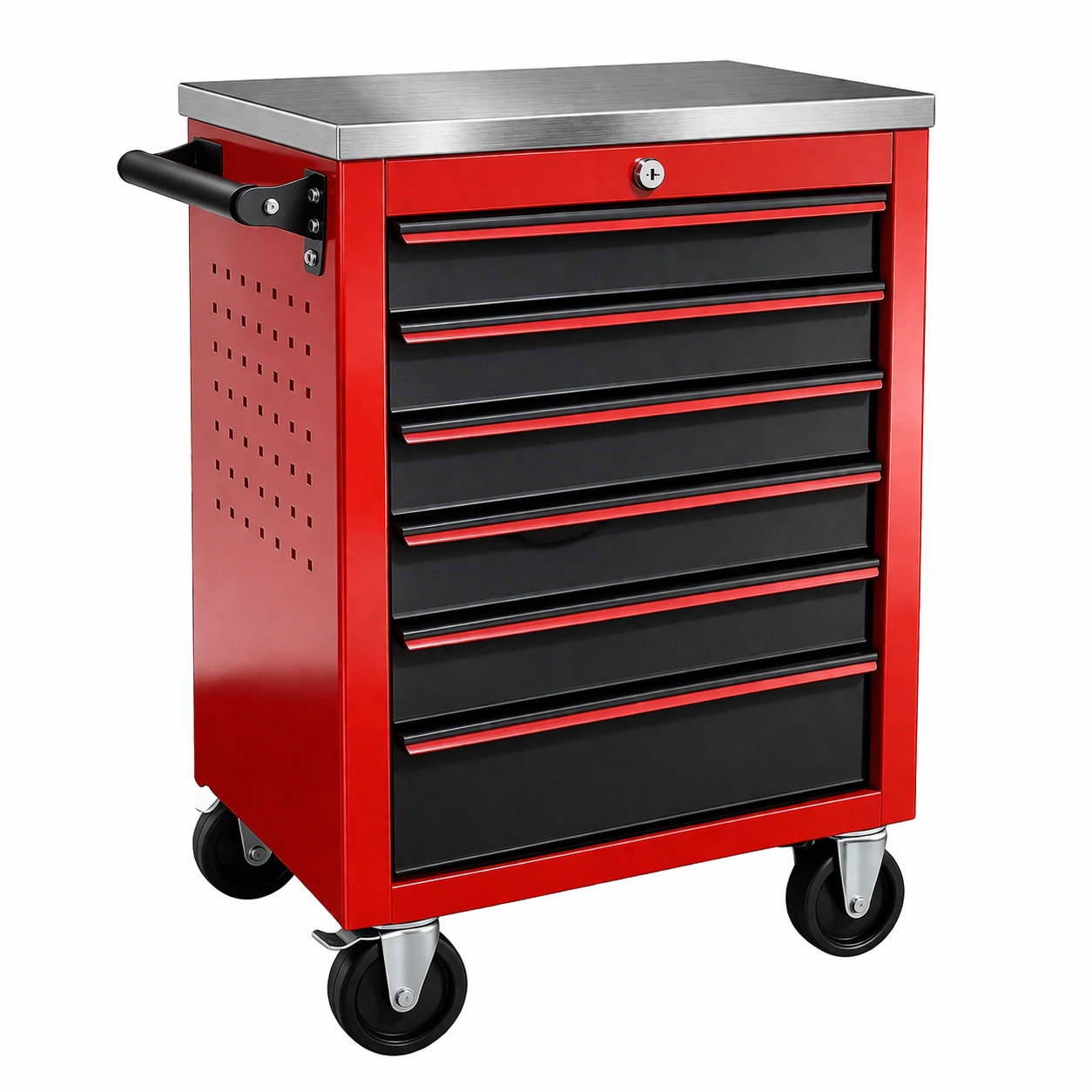 Carro de herramientas de acero rojo y negro con 6 cajones-Nestiqueo