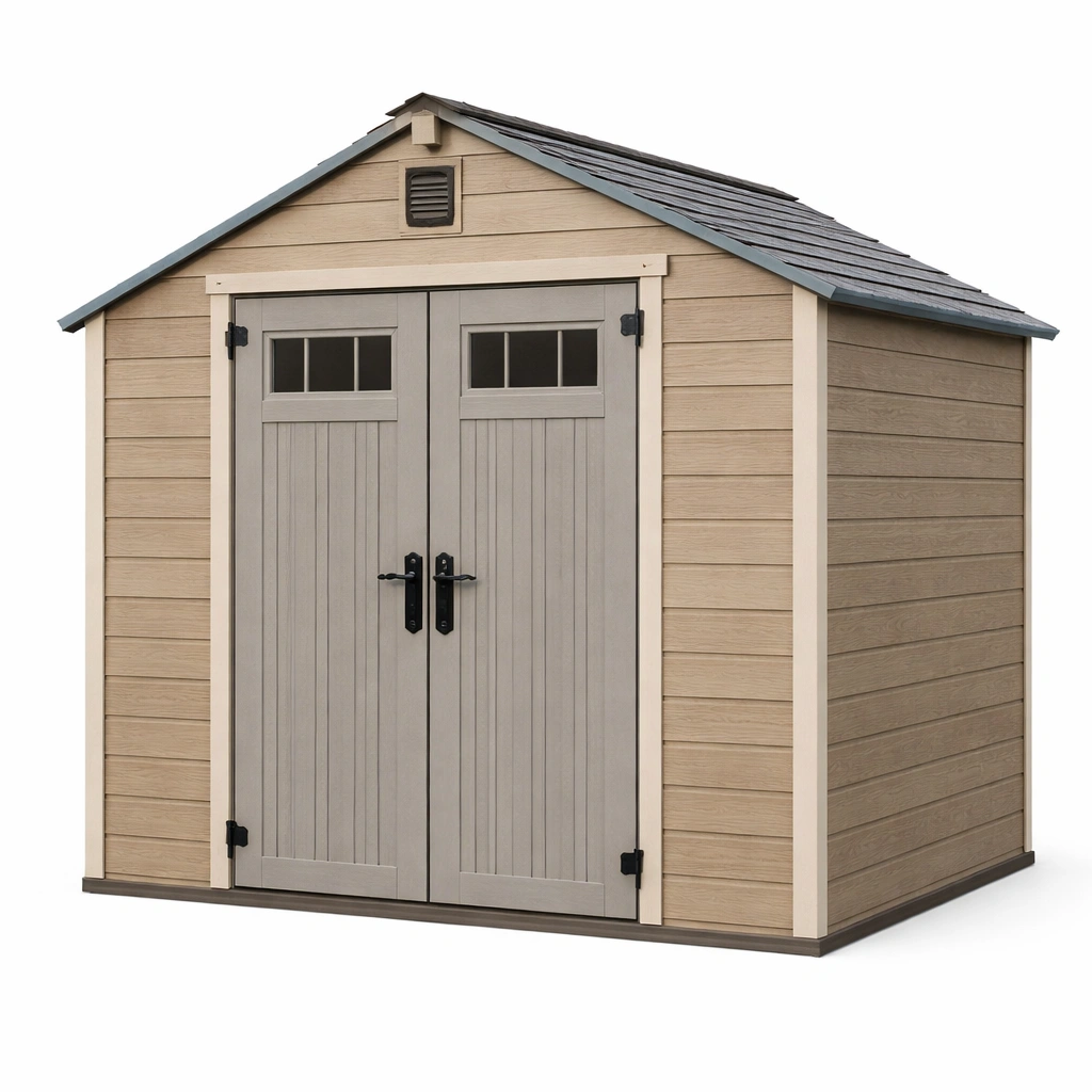 Cobertizo de jardín exterior marrón de resina compuesta 215x135x180 cm-Nestiqueo