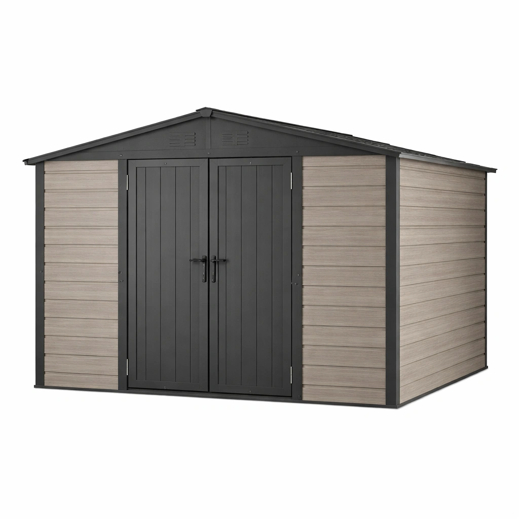 Cobertizo de jardín de polipropileno reforzado marrón y gris 254x228x256 cm-Nestiqueo