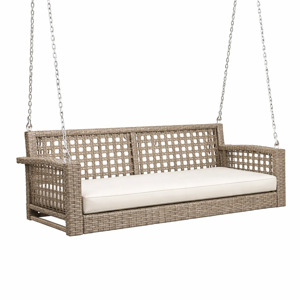 Columpio de porche de ratán sintético beige con cojín-Nestiqueo