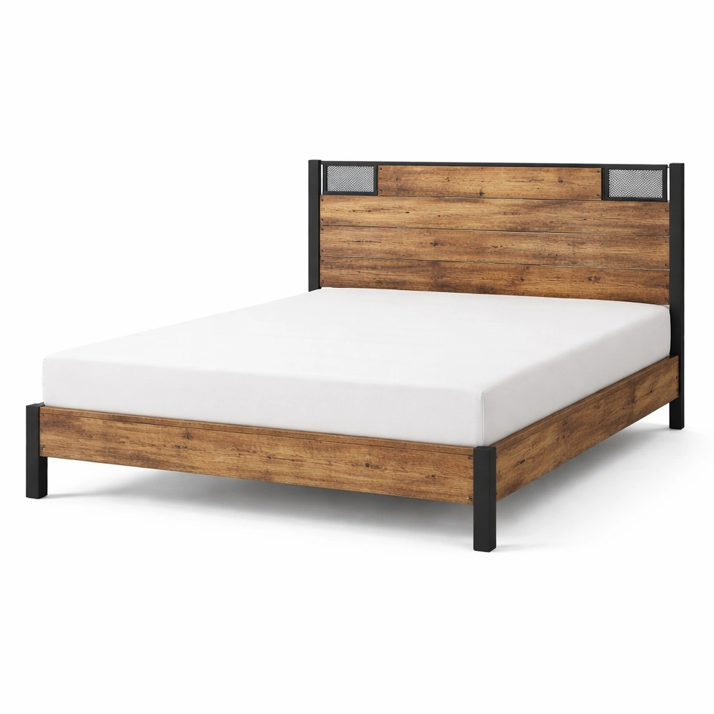 Estructura de cama doble de madera y metal marrón y negro-Nestiqueo