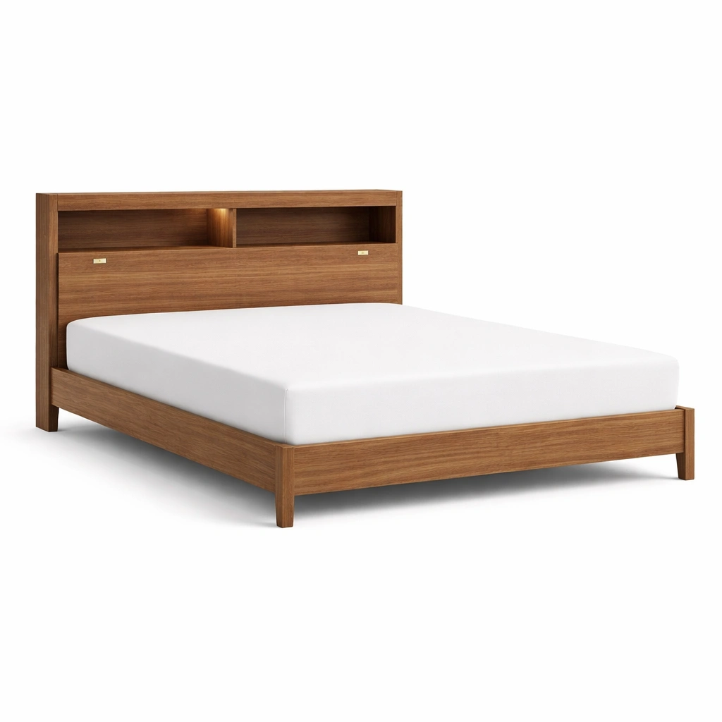 Estructura de cama de madera con cabecero y estantes-Nestiqueo
