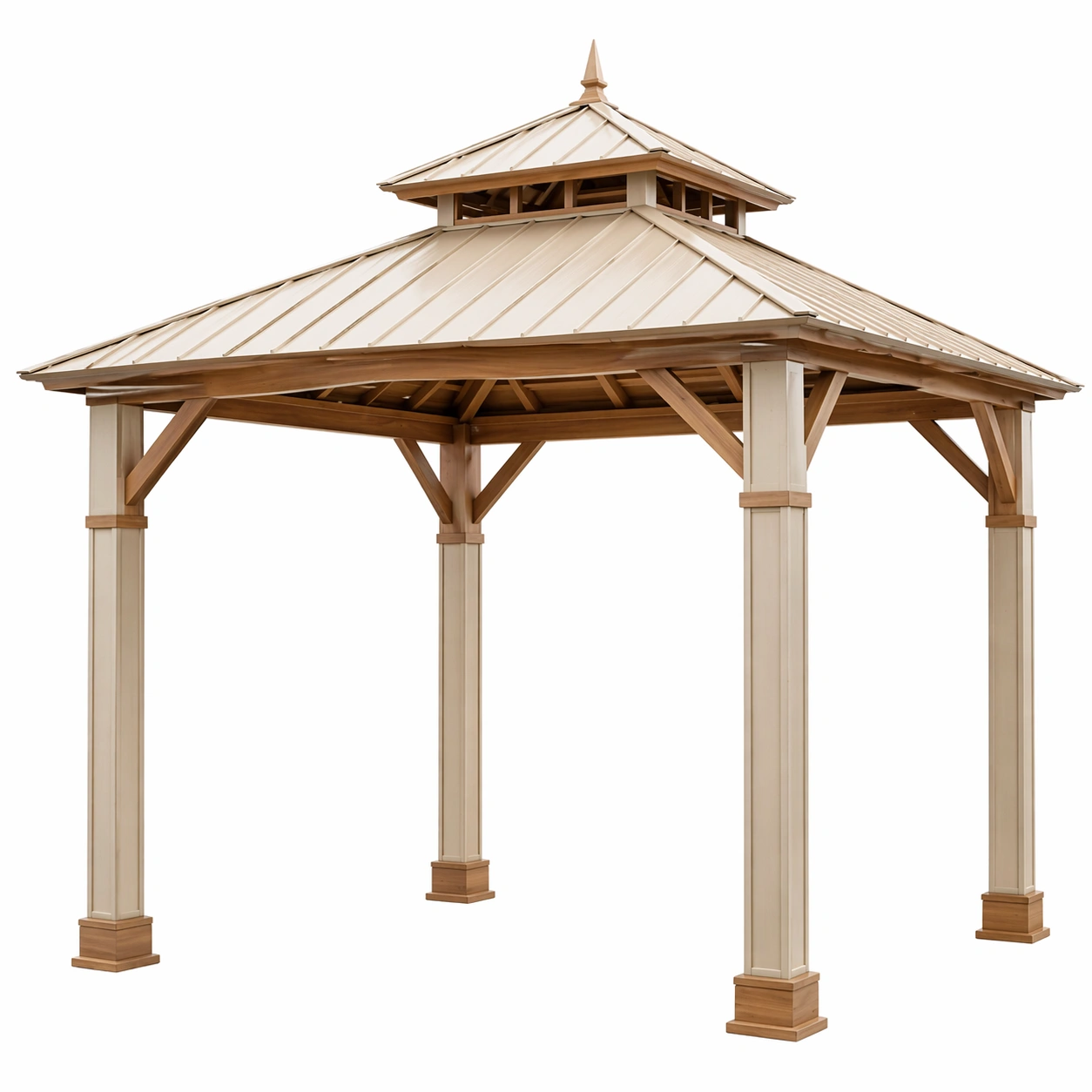 Gazebo de jardín de acero galvanizado y madera beige y marrón 300x300x350 cm-Nestiqueo