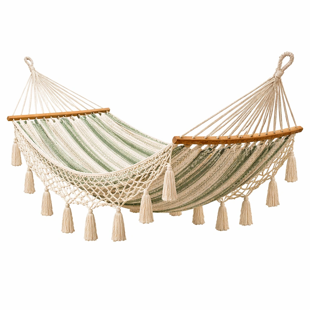 Hamaca de algodón y madera beige y verde-Nestiqueo