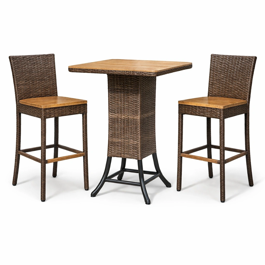 Juego de bar de ratán y madera de acacia-Nestiqueo