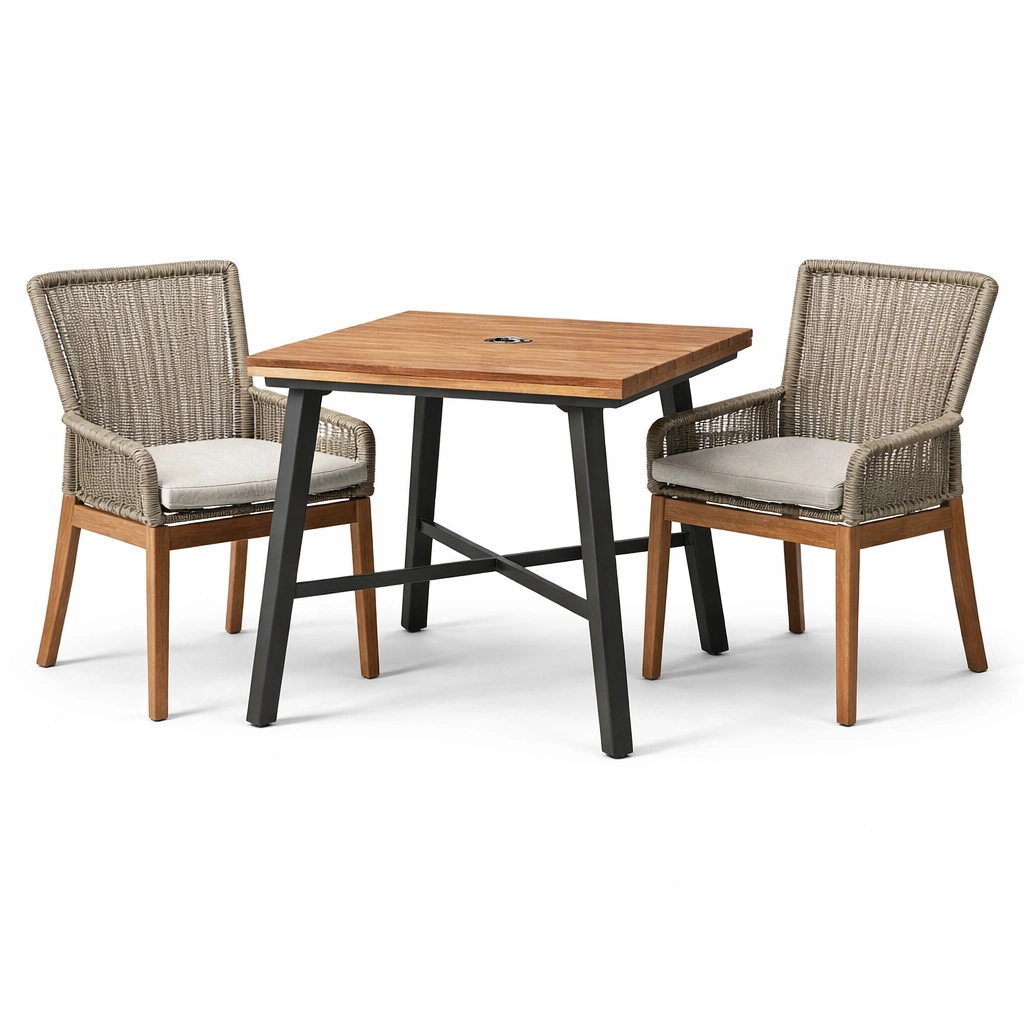 Juego de comedor exterior de madera y ratán con 2 sillas-Nestiqueo