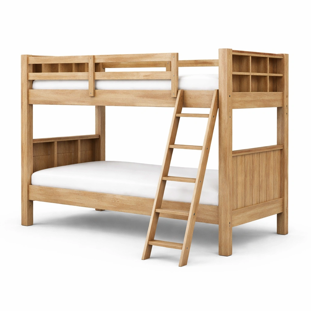 Litera de madera de pino natural con estantes y escalera 200x100x180 cm-Nestiqueo