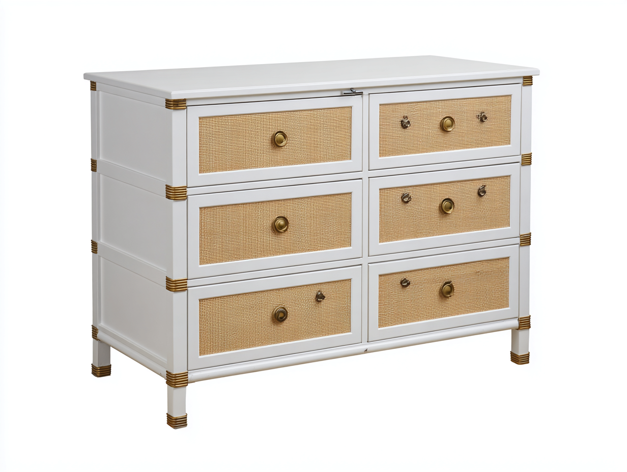 Kommode-6 Schubladen-Holz 115x50x85 cm-Wei?-Beige-Rattanoptik-Klassisches Design-Janoioabode