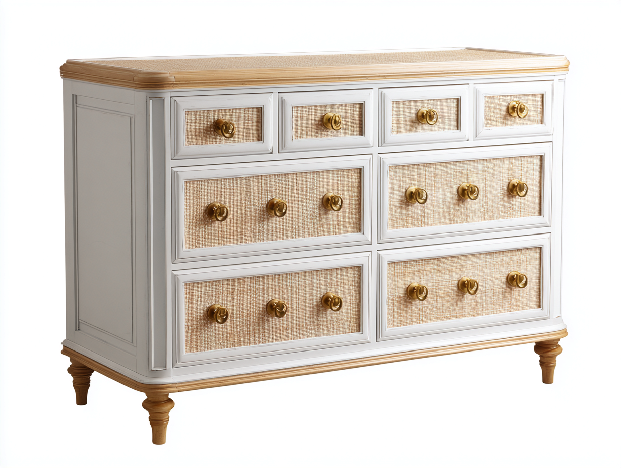 Kommode-8 Schubladen-Holz 120x50x85 cm-Wei?-Beige-Rattanoptik-Modernes Design-Janoioabode