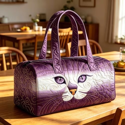 Purple Cat Quilted Duffle Bag — Quilted Cat Weekender & Travel Gym Bag, Overnight Carry-On for Women & Cat Lovers