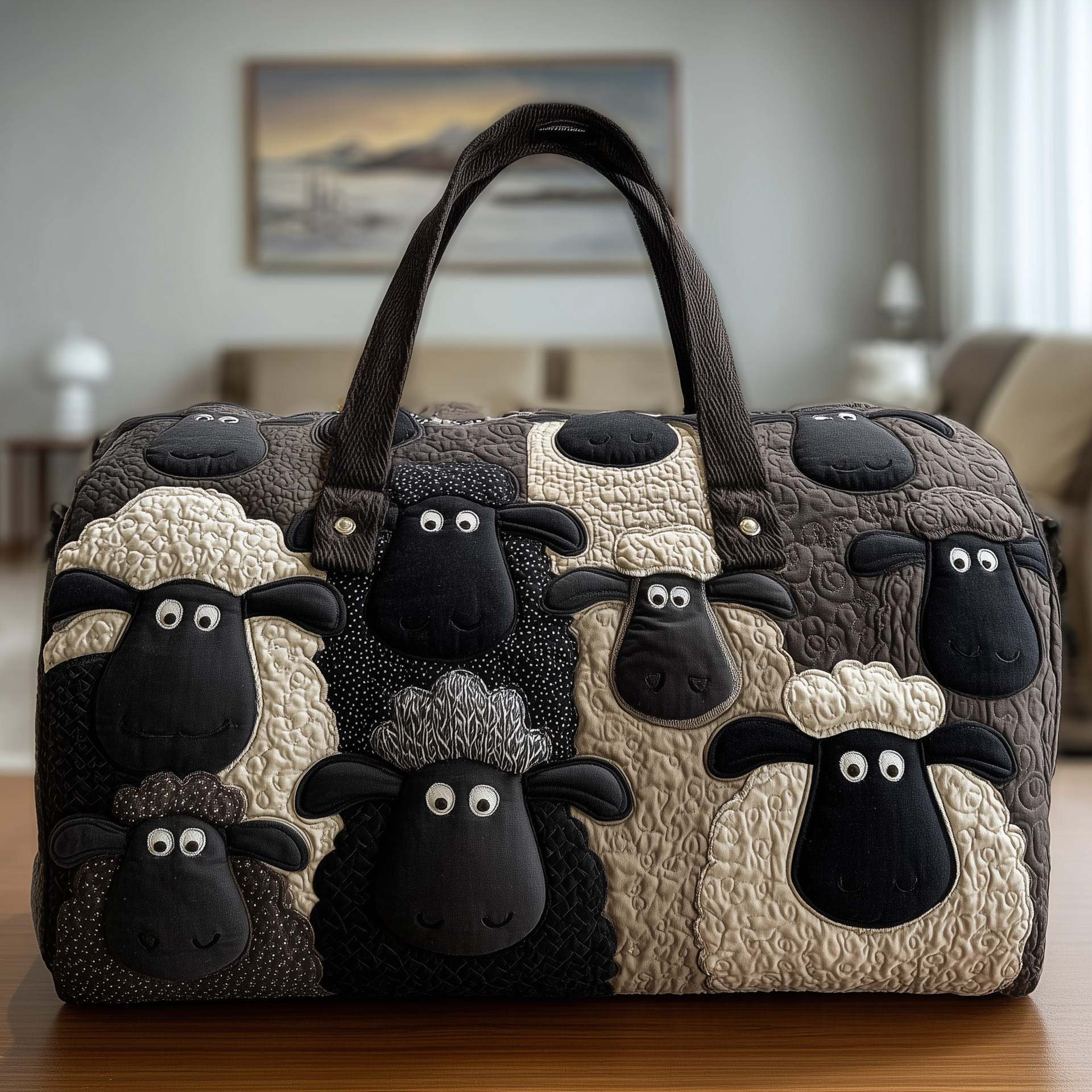 Sheep Haven Quilted Duffle Bag, Cute Farm Sheep Meadow Design, Travel Weekend Bag