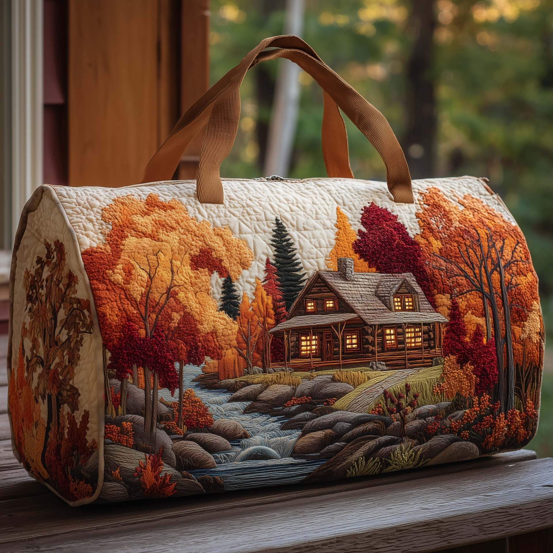 Autumn Cabin Quilted Duffle Bag, Mountain Forest Travel Bag, Winter Peak Weekender, Camping Adventure Gift