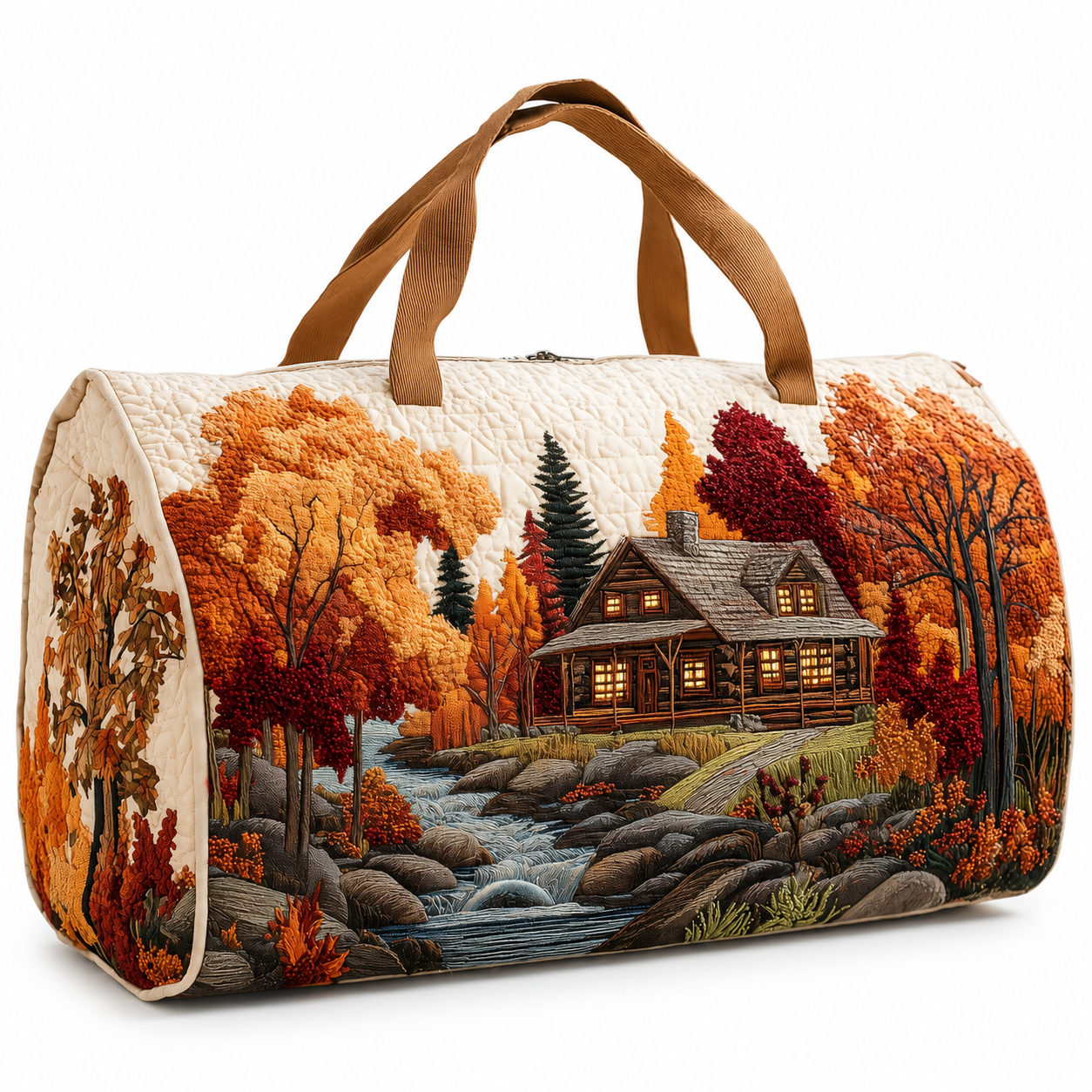 Autumn Cabin Quilted Duffle Bag, Mountain Forest Travel Bag, Winter Peak Weekender, Camping Adventure Gift