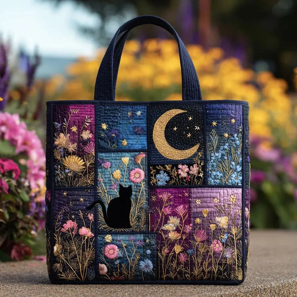 Black Cat Moon Garden Quilted Tote Bag, Floral Starry Night Cat Lover Carryall Bag