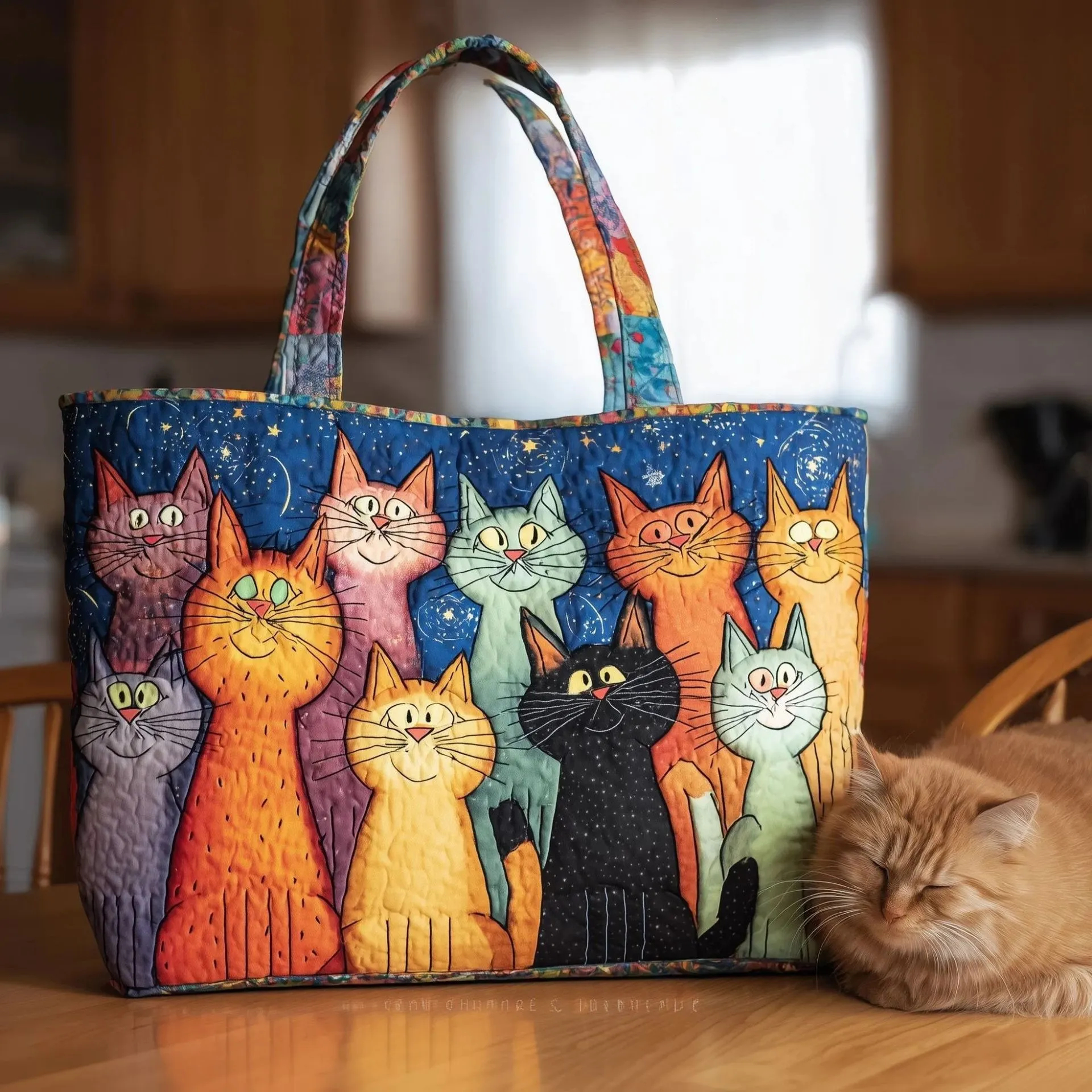 Colorful Cats Quilted Tote Bag, Starry Night Cat Lover Carryall Bag