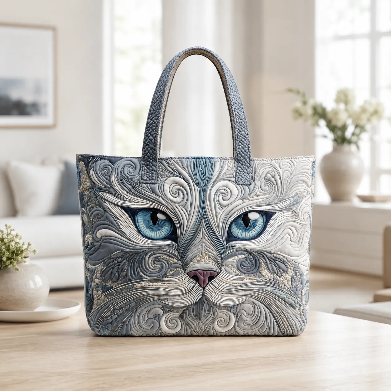 Blue-Eyed Cat Face Quilted Tote Bag, Elegant Grey Cat Lover Carryall Bag