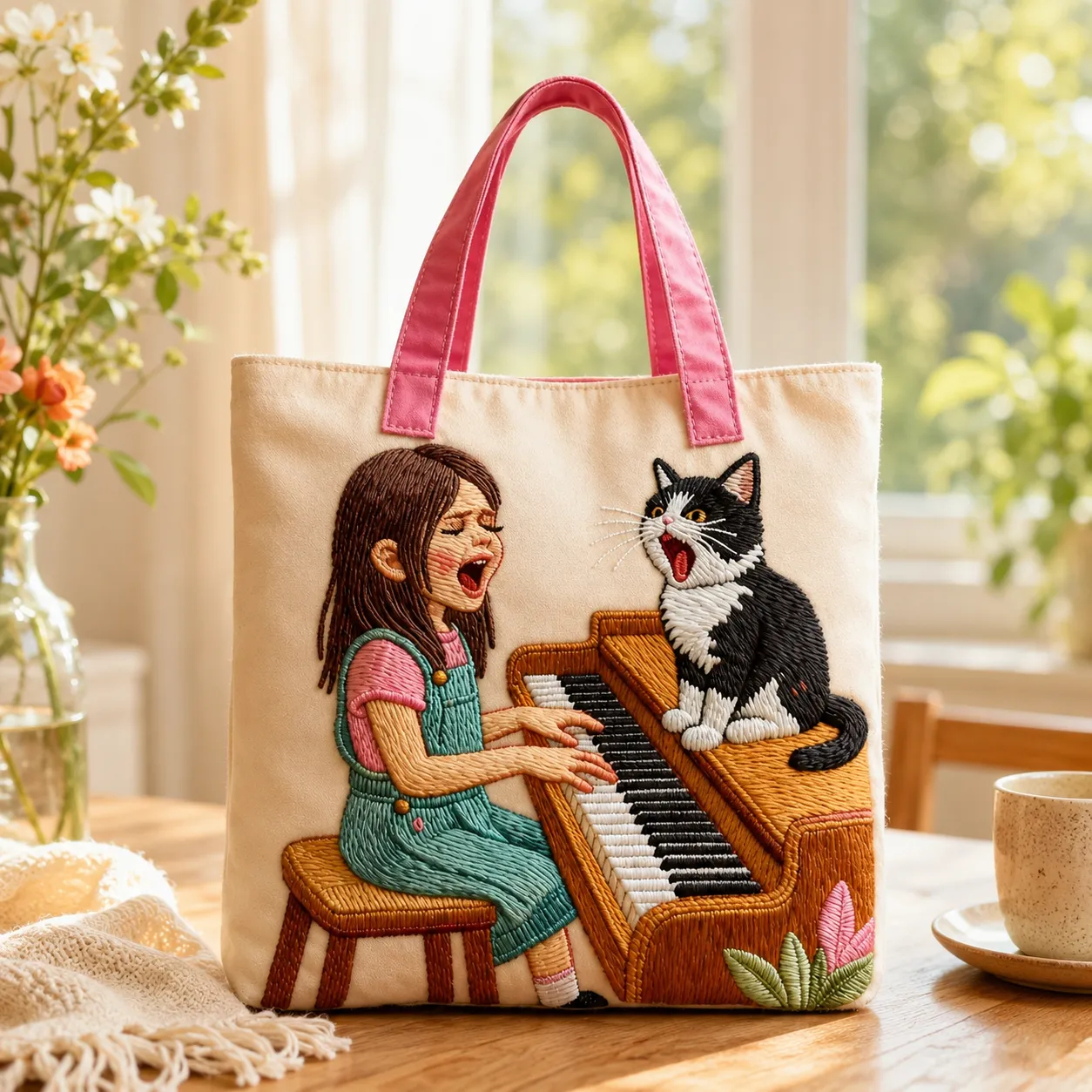 Girl Playing Piano Singing Cat Quilted Tote Bag, Cute Music Lover Carryall Bag