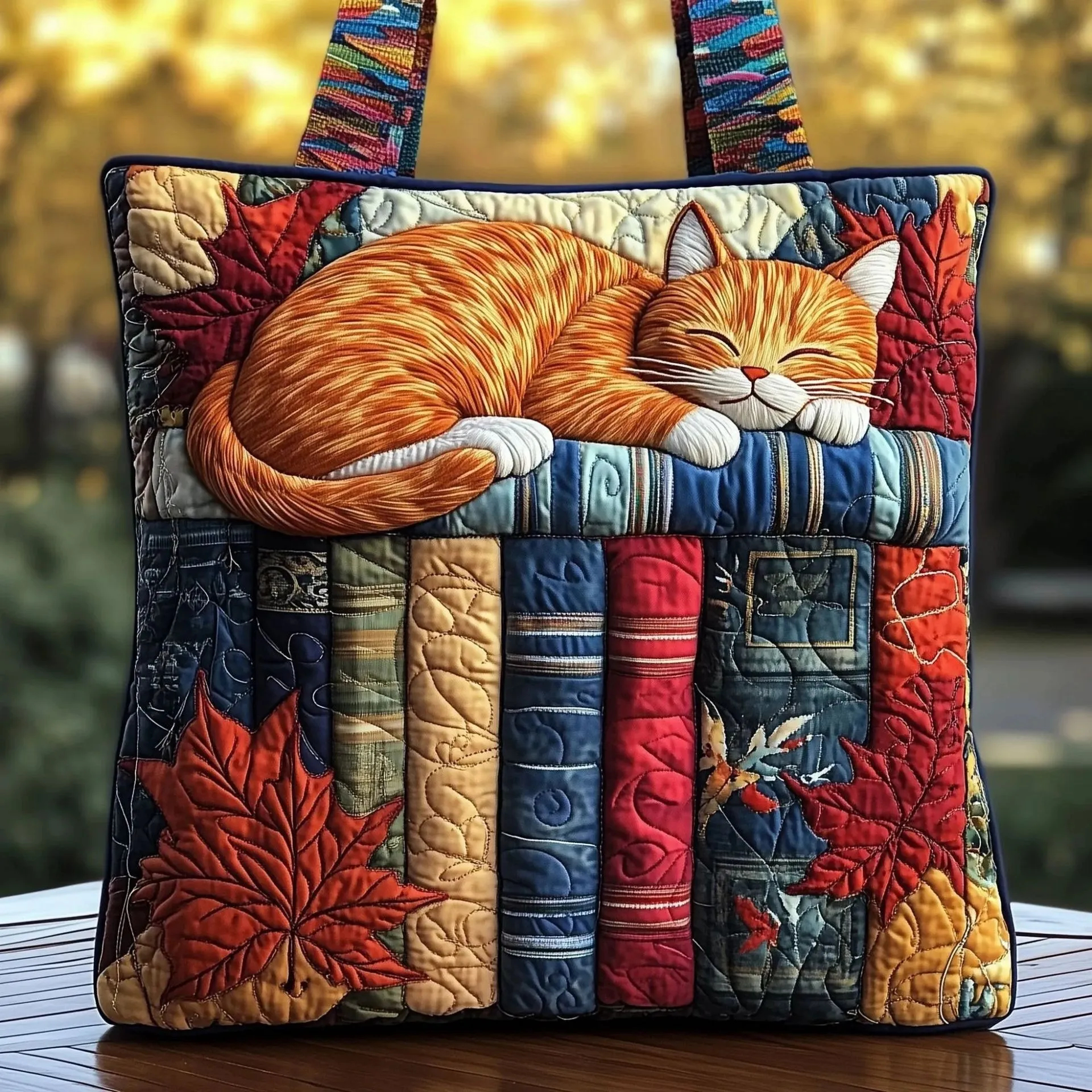 Sleeping Orange Cat Books Quilted Tote Bag, Autumn Leaves Book Lover Carryall Bag
